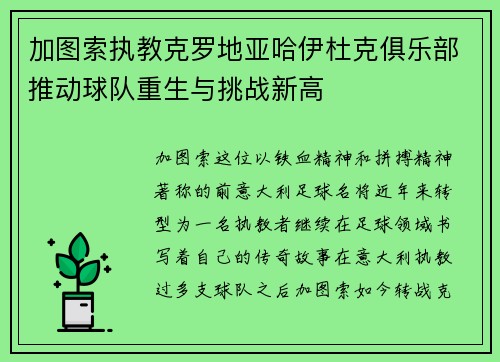 加图索执教克罗地亚哈伊杜克俱乐部推动球队重生与挑战新高